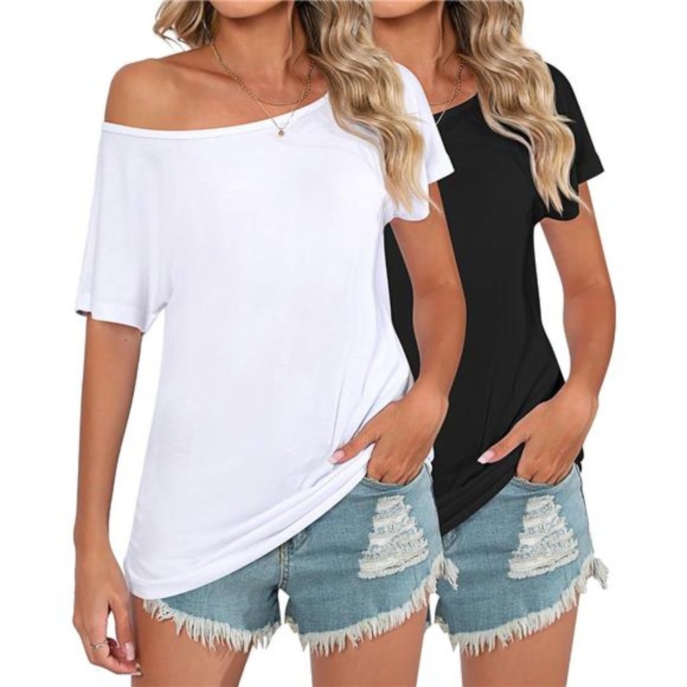 2 Pack Women's Off The Shoulder Tops, Short Bat Wing Sleeve Off Shoulder Shirts